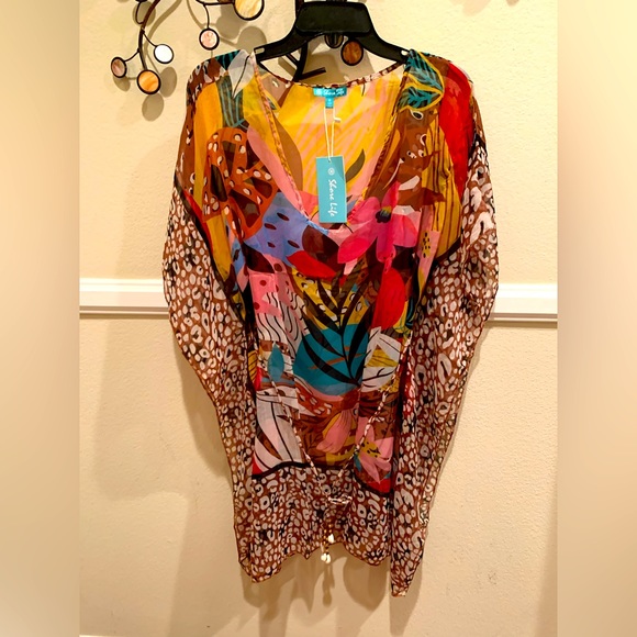 FINAL PRICE NWT Shore Life Coverup, Flowers/Leopard Print Tie Belt w/Seashells M - Picture 1 of 11